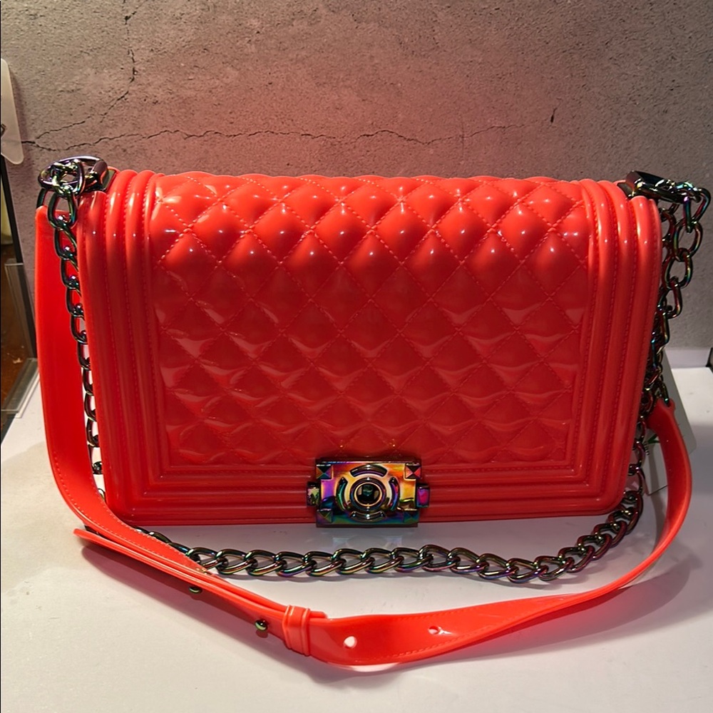Chic Quilted Coral Orange Jelly Shoulder Bag W/Oil Spill Hardware.